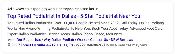 Podiatrist Google Search Ad - Podiatry Growth